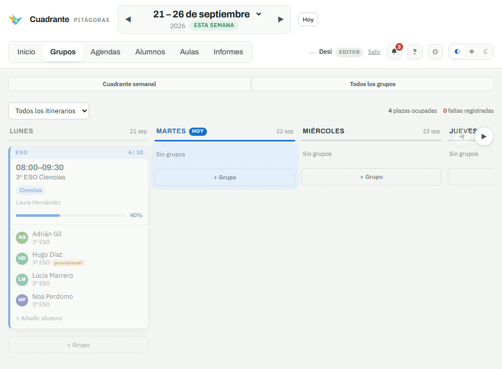 El cuadrante semanal con las tarjetas de los grupos