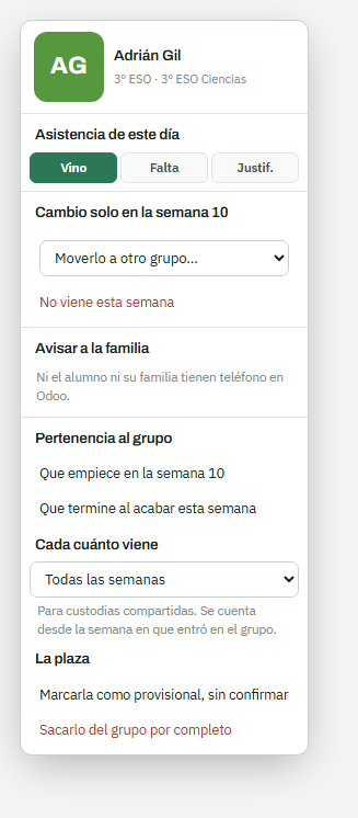 El menú de un alumno dentro de un grupo